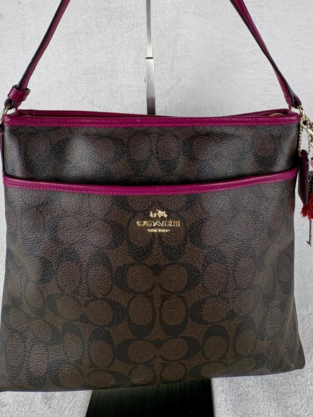 Coach Signature File Crossbody in Dark Brown With Fuchsia Pink Trim and Charm